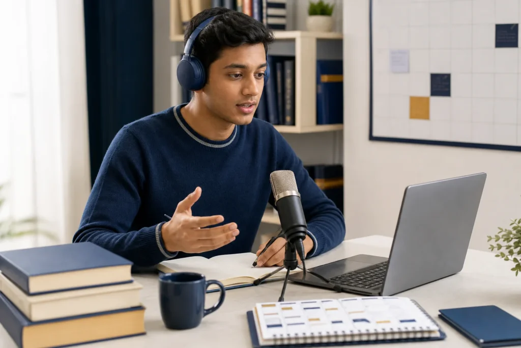 Indian student practising IELTS speaking with headphones and a microphone